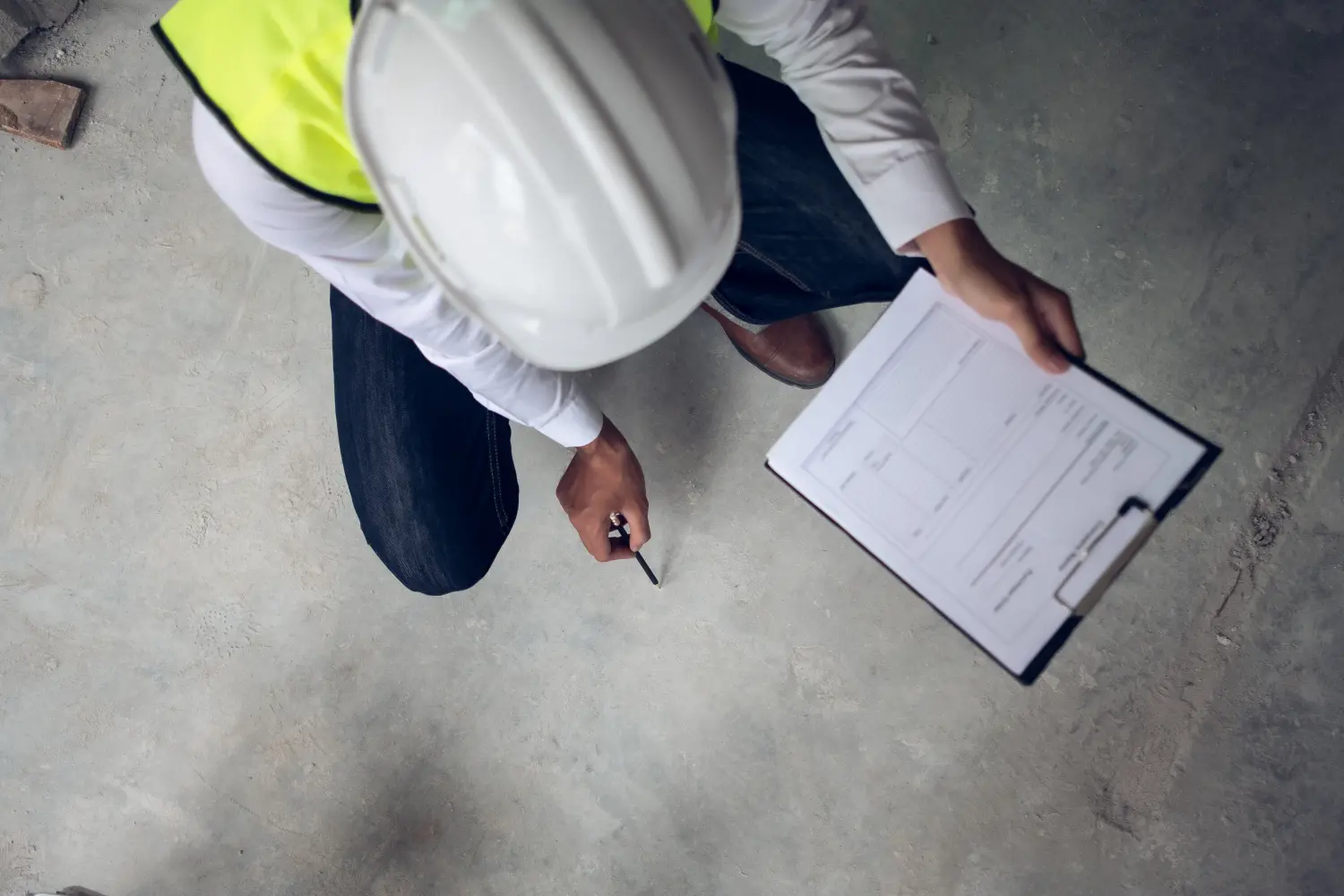 Ingenieur überprüft Mängel auf der Baustelle an der Oberfläche des Betonbodens