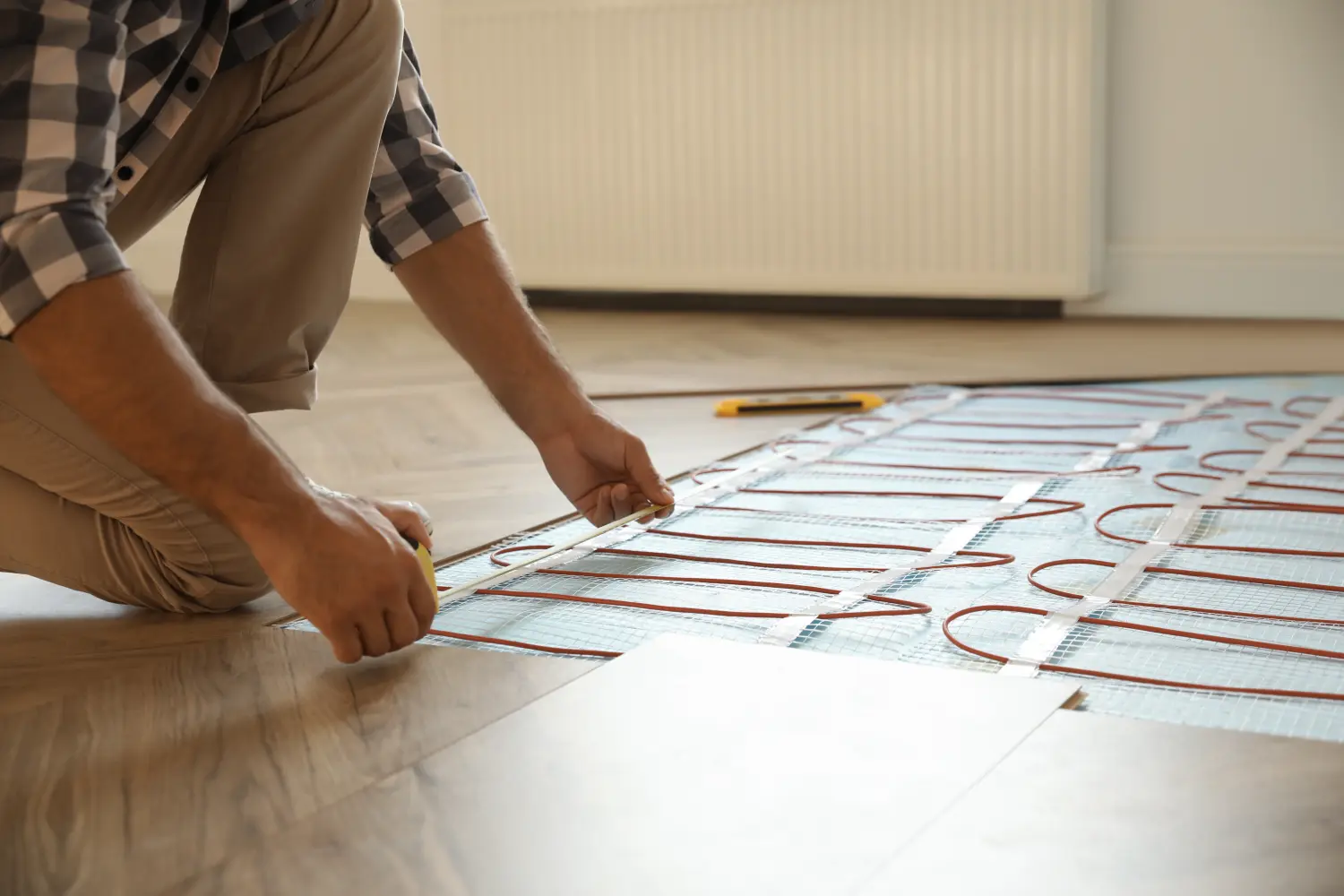 Professioneller Arbeiter installiert elektrische Fußbodenheizung im Innenbereich, Nahaufnahme