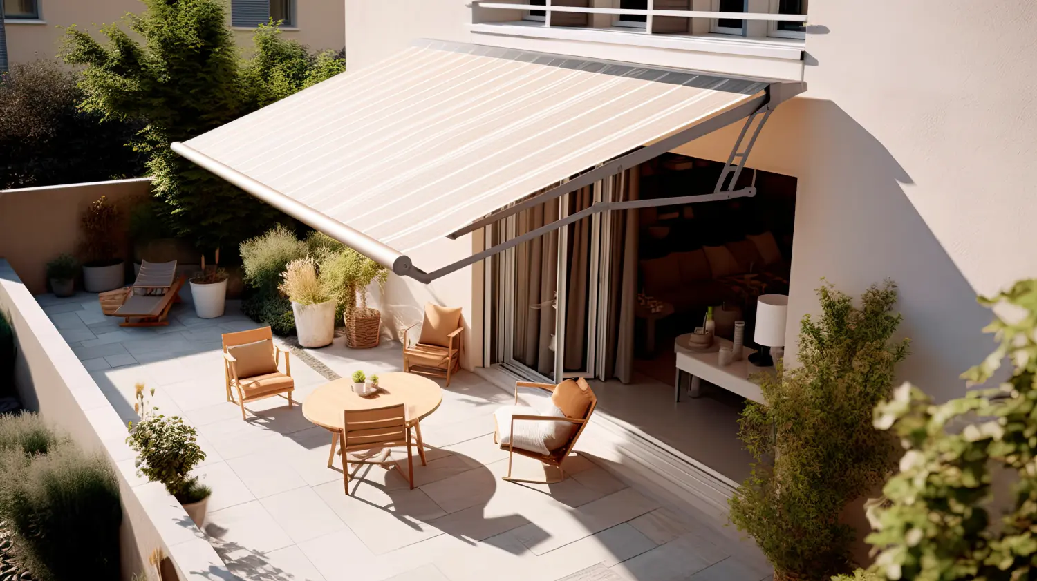 Sommerterrasse unter einem Vordach eines modernen Hauses.